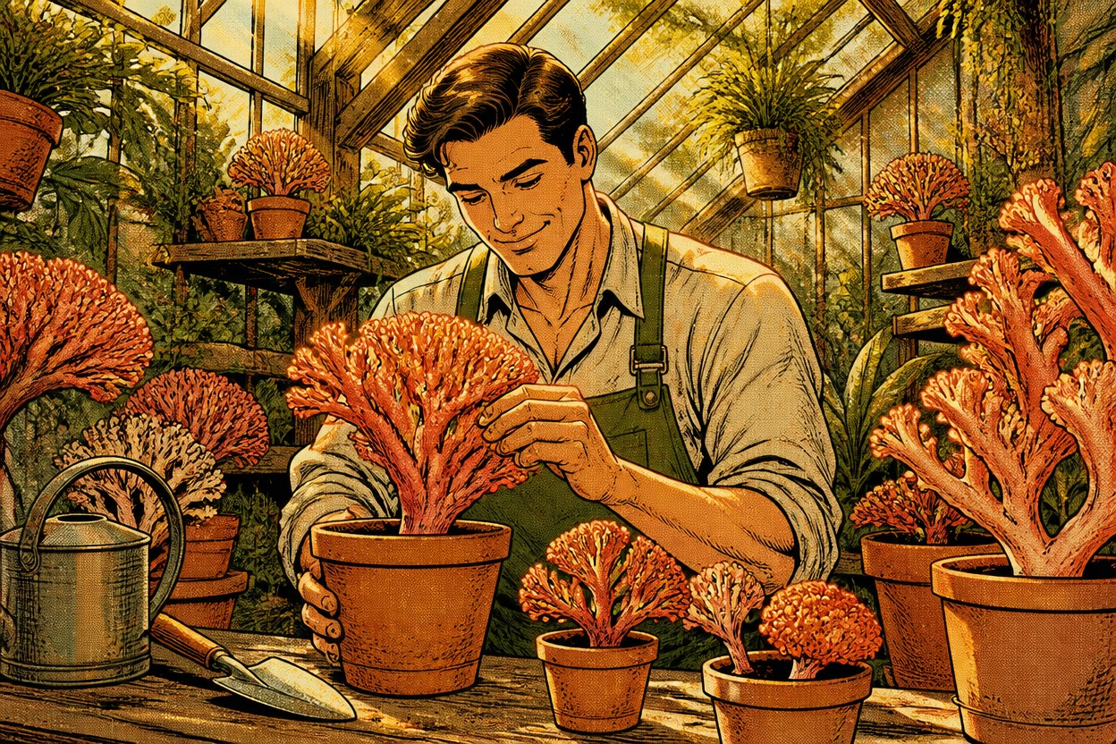 Comic-style gardener tending coral flowers in a sunlit greenhouse.
