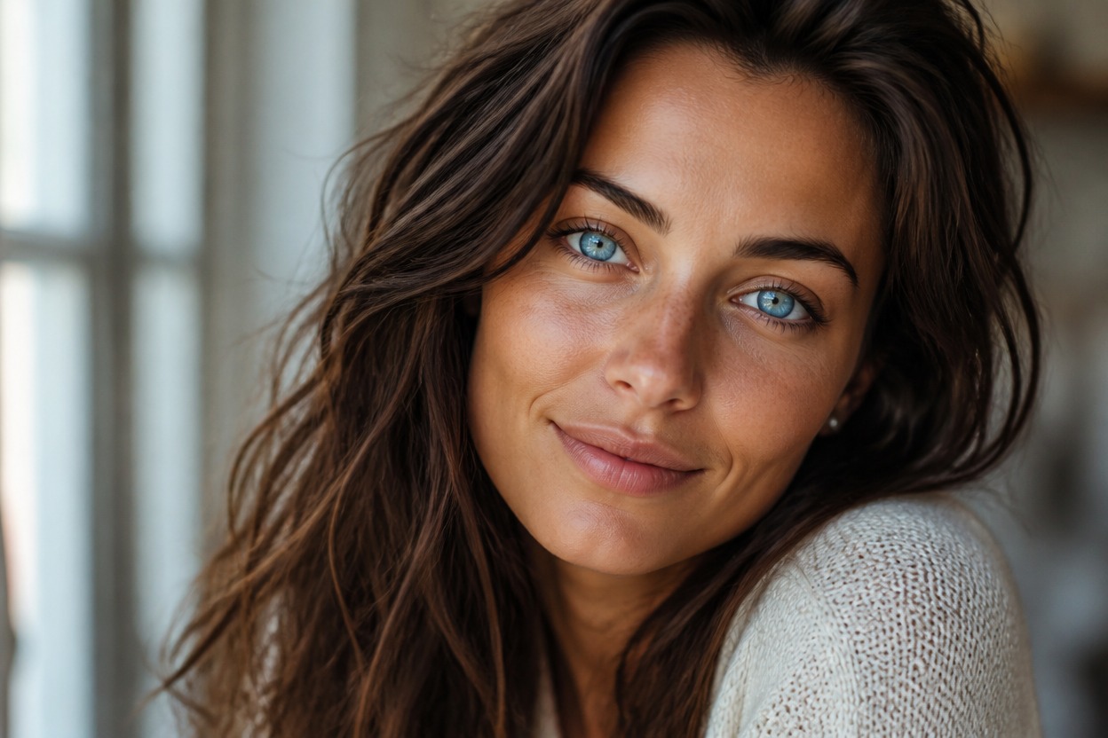 Three-quarter portrait with blue eyes integrated into cool window light