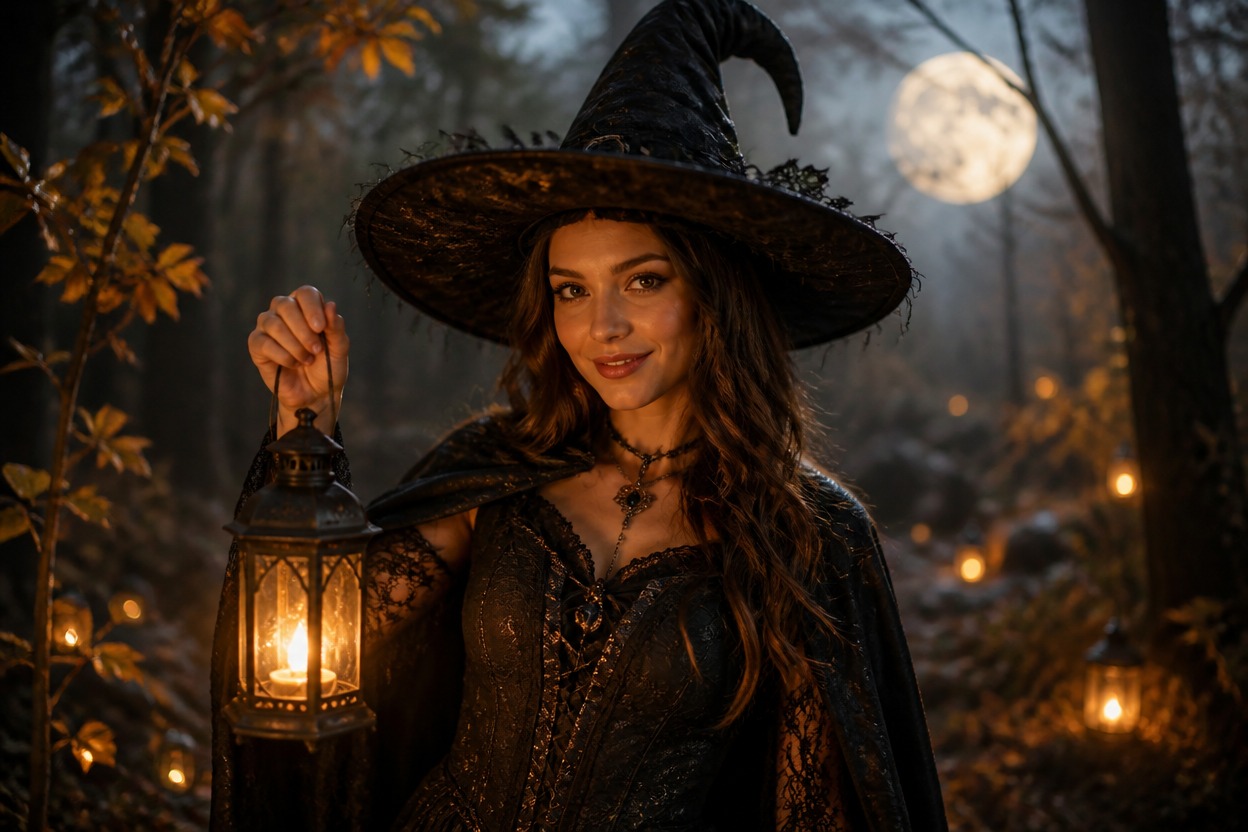 Woman in a black witch costume holding a lantern in a moonlit autumn forest