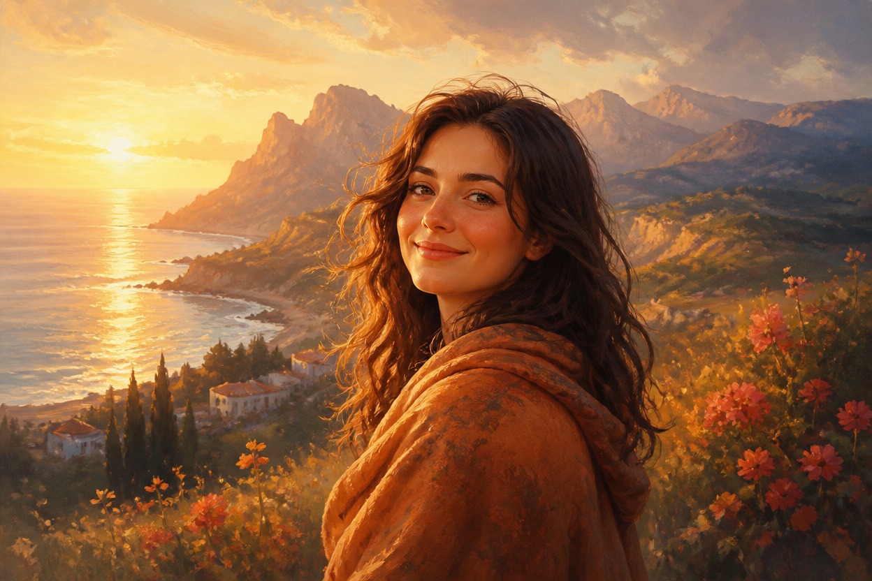 Cohesive digital painting of a person and the surrounding landscape