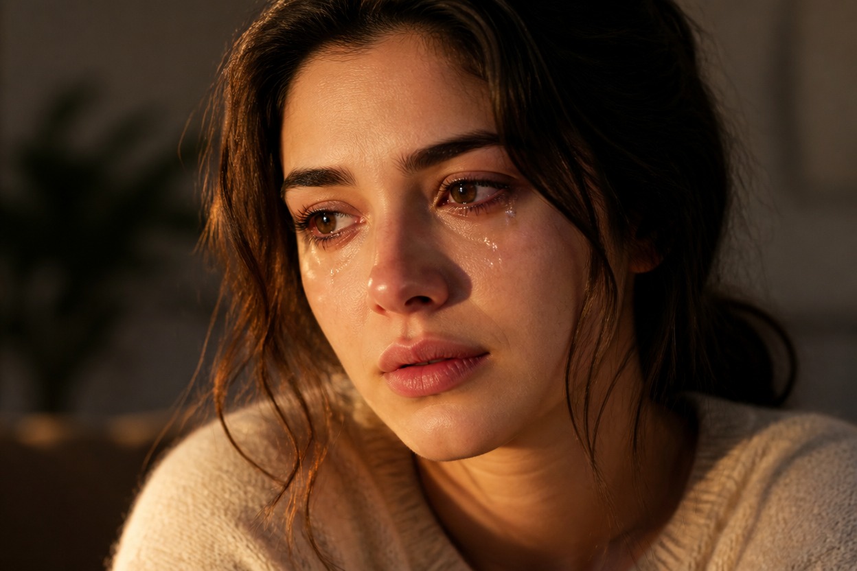 Three-quarter tearful portrait with natural skin, hair, and lighting
