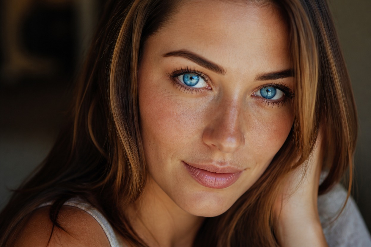 Environmental portrait of an adult with naturally blue eyes