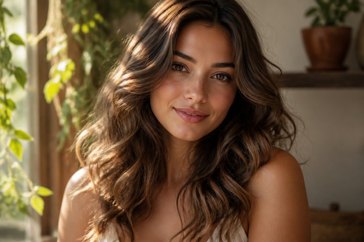 Finished portrait with wavy hair integrated into the lighting and scene