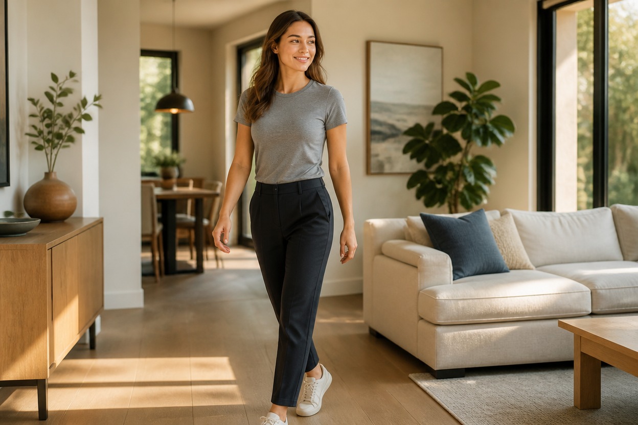 Adult woman in a gray T-shirt and dark trousers walking through a warm modern home