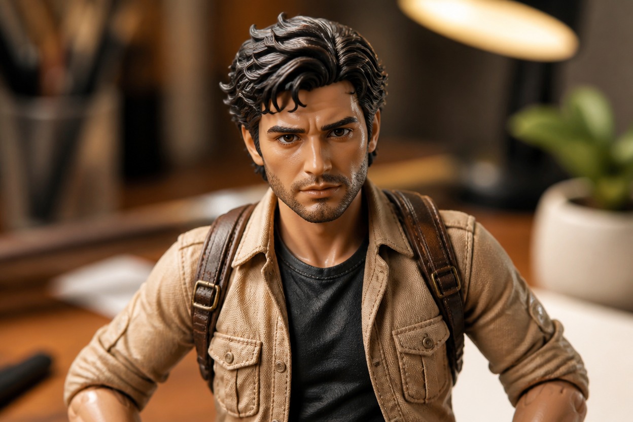 Close-up of sculpted hair, painted features, clothing, and joint details on a miniature figure.
