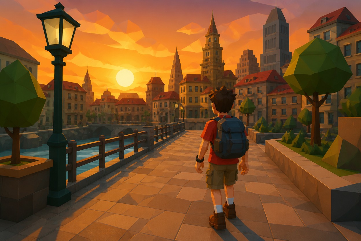 Traveler walking through a unified low-poly city scene at sunset