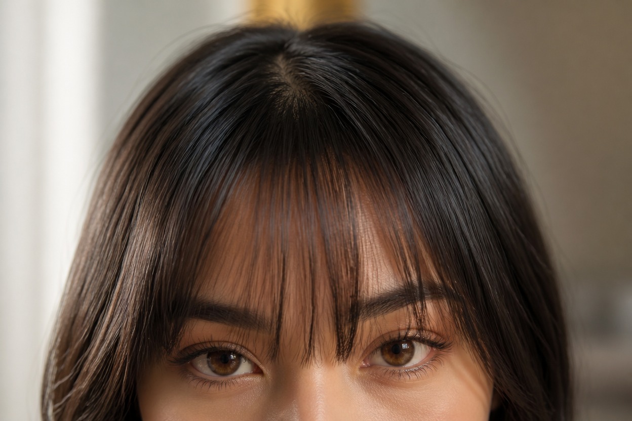 Close-up of dark center-parted hair with wispy fringe across the forehead and eyebrows