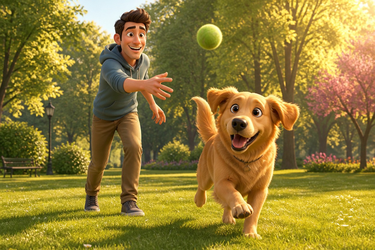 Cartoon man playing fetch with a dog in a sunlit park
