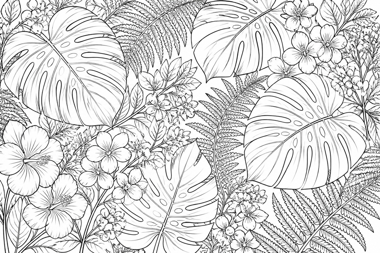 Botanical coloring page with monstera leaves, fern fronds, flowers, and berries