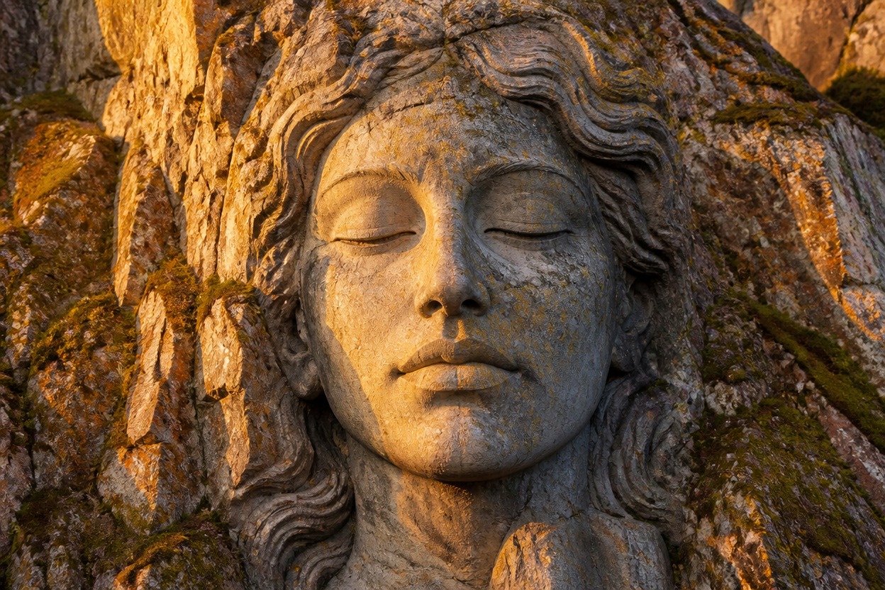 Fictional portrait structure translated into a dimensional rock carving.