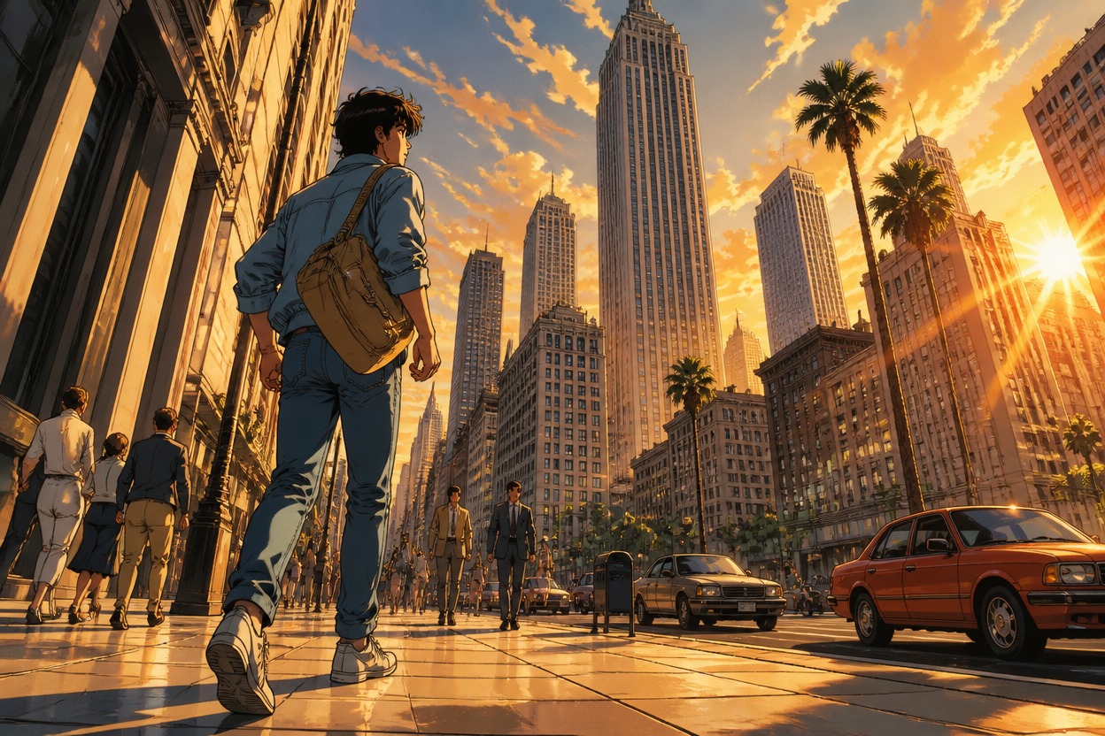 Manga-inspired traveler walking through a sunlit towering city street.