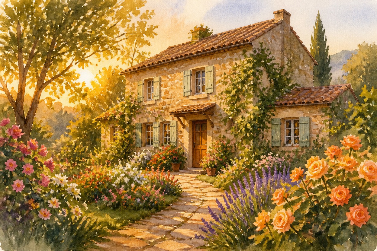 Sunlit stone cottage and garden painted as a cohesive watercolor scene