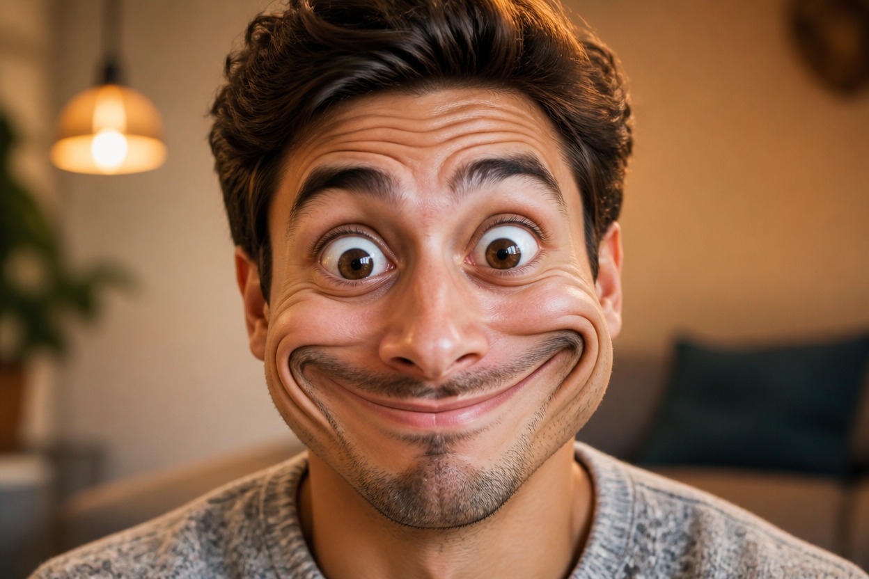 Portrait with oversized eyes, puffed cheeks, and a stretched comic smile