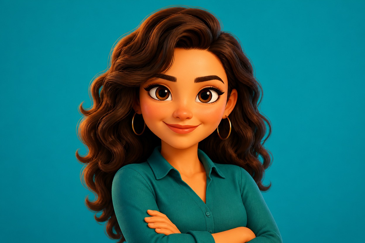 Emoji-style woman with wavy hair and crossed arms against a teal backdrop
