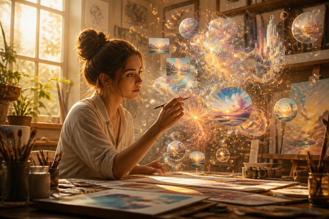 Artist immersed in a unified surreal studio scene with cinematic light