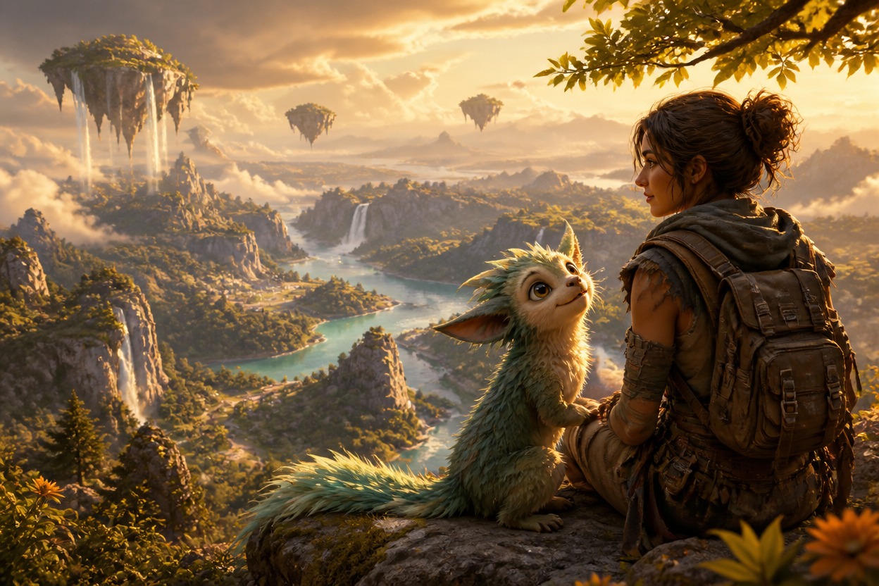 Adult traveler reimagined with an original companion in a fantasy landscape