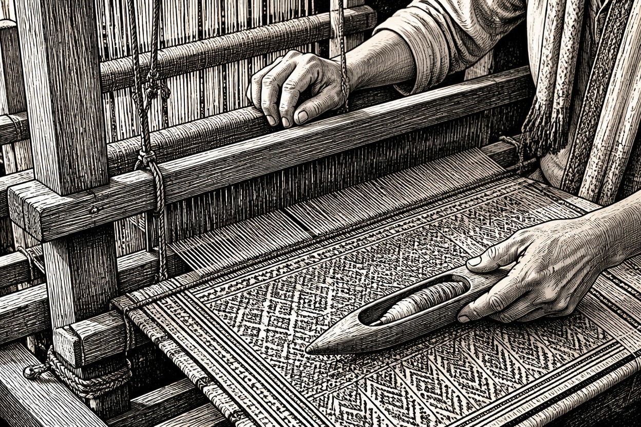 Artisan weaving patterned cloth on a wooden handloom in detailed black-and-white linework