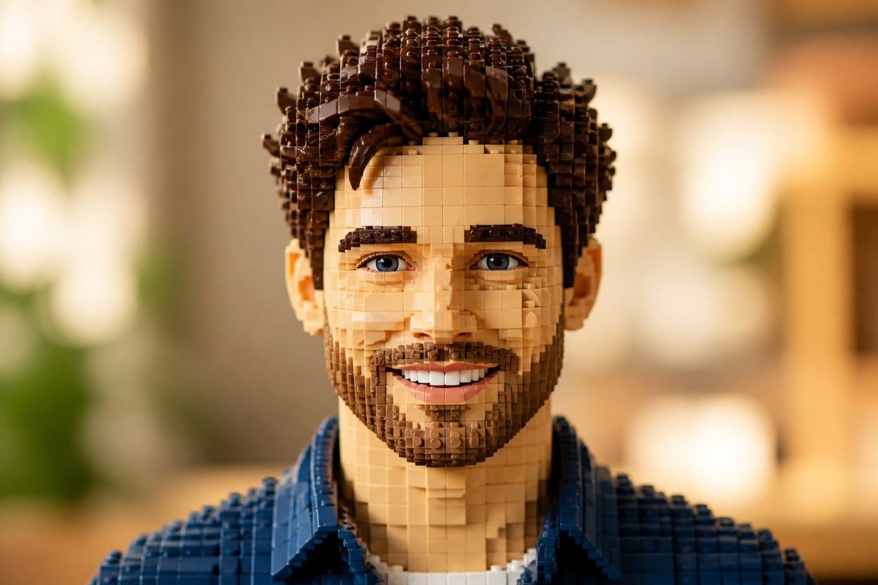 Detailed brick-built portrait preserving hairstyle, expression, and clothing cues