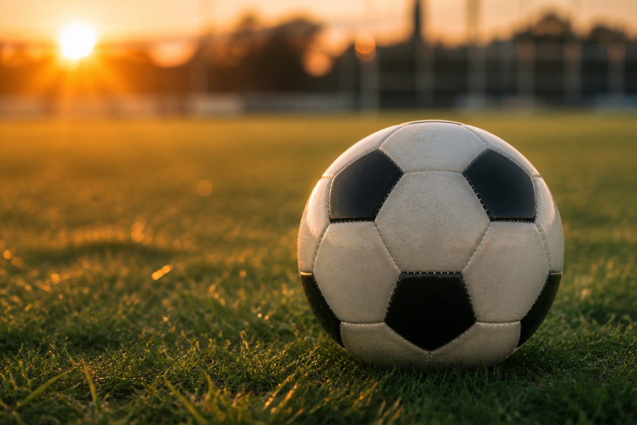 Plain football resting on grass during training