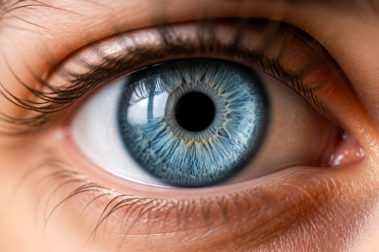 Close portrait showing layered blue irises with natural radial detail