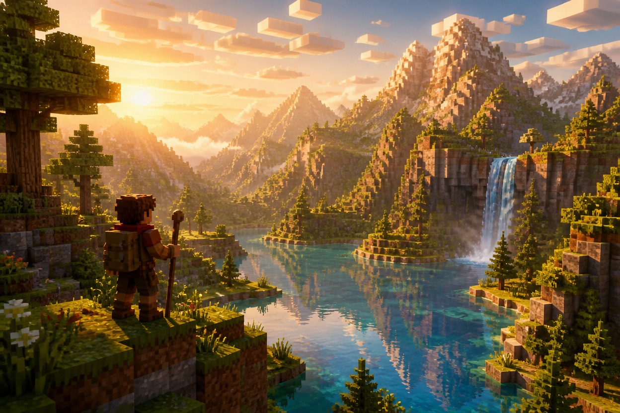 Original cubic traveler in a unified world of terrain, trees, stone, and water