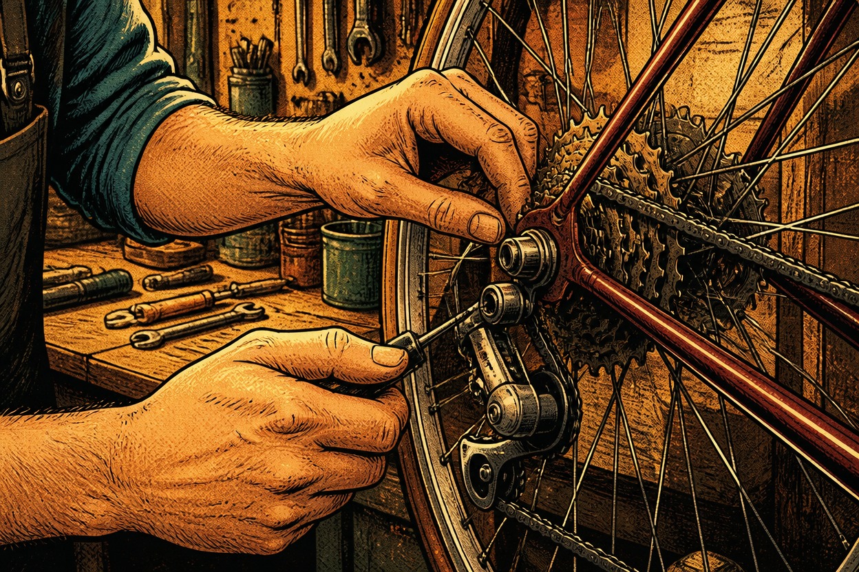 Vintage comic-style bicycle mechanic repairing a gear cluster at a tool-covered workbench.