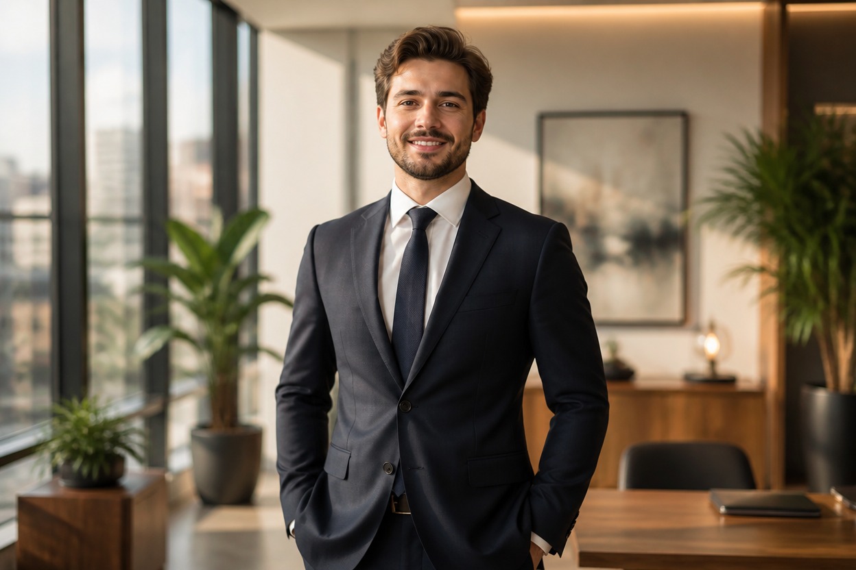 Adult professional in an unbranded suit standing in a bright modern interior