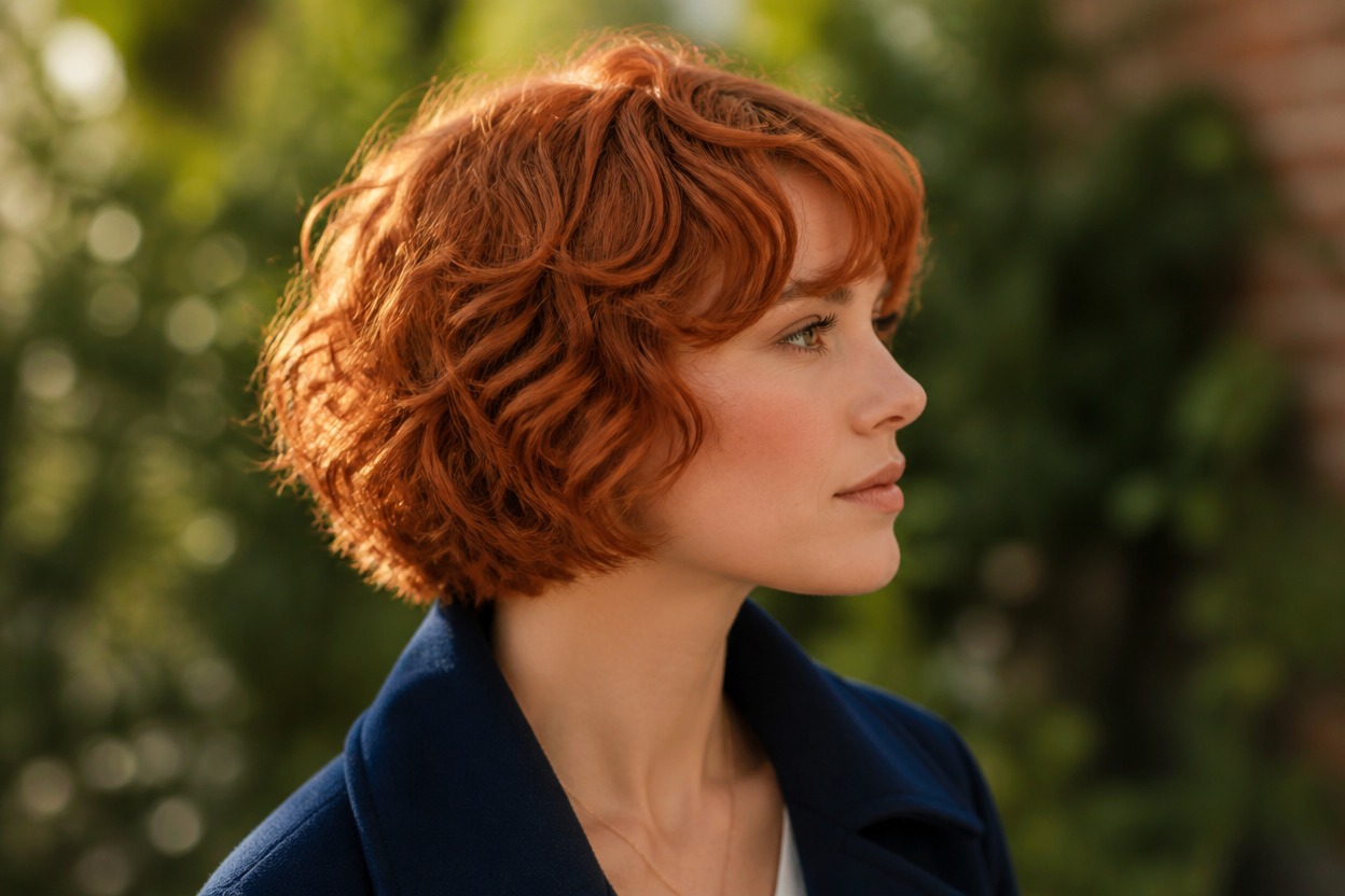 Side-profile outdoor portrait of an adult with a short curly copper-auburn bob in a navy coat against blurred green foliage.