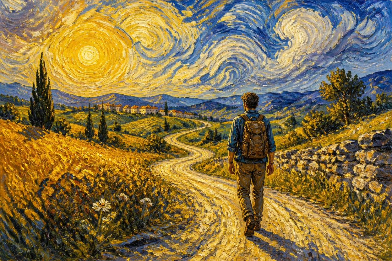 Traveler on a winding road reimagined in vivid post-impressionist brushwork.