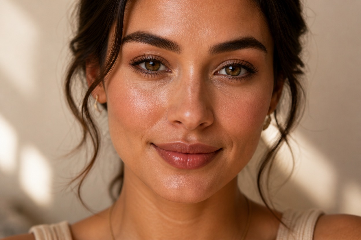 Coordinated full-face makeup with natural skin texture and balanced color