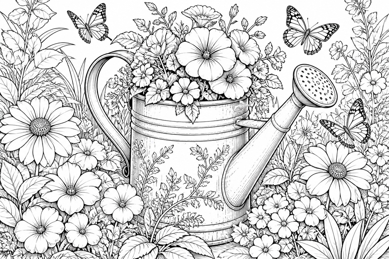 Cottage garden coloring page with a watering can, flowers, leaves, and butterflies